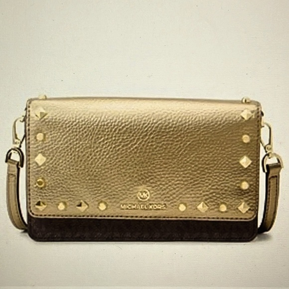 Michael Kors Jet Set studded charm Gold and Brown Phone Crossbody - Picture 1 of 14